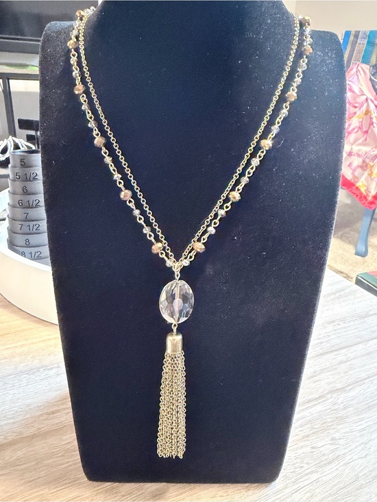 Jewelry - Gold Beaded Double Chain Tassel Necklace with Clear Pendant